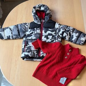 Set of two - Camouflage Puffer Jacket and Red Cable Knit Sweater size 2T 24M